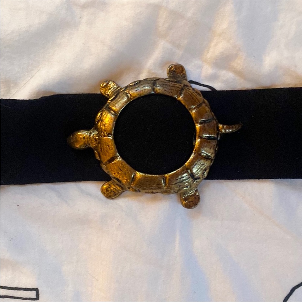 Vintage black belt with unique bronze turtle piece